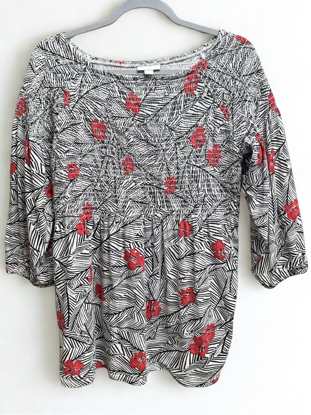 J. Jill Smocked Floral Peasant Blouse Boho Medium Petite Black White Red EUC